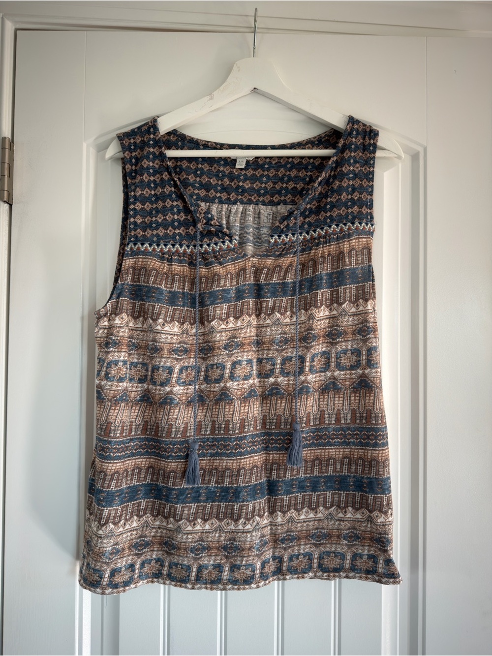 Lucky Brand Blue and Brown Printed Tie-Front Sleeveless Tank